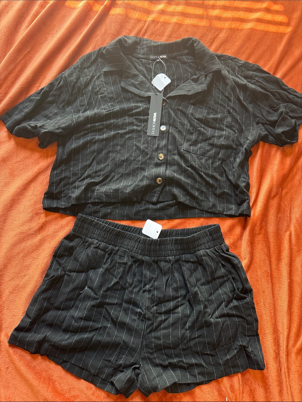 Black Pinstripe Button Crop Top & Shorts linen set
